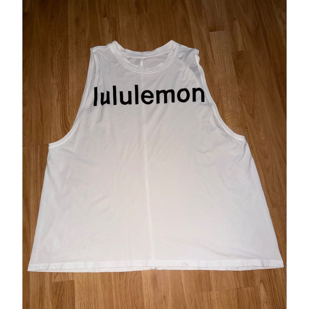 Lululemon Women White Graphic Muscle Tank Top Sleeveless Relaxed Crop Gym Shirt